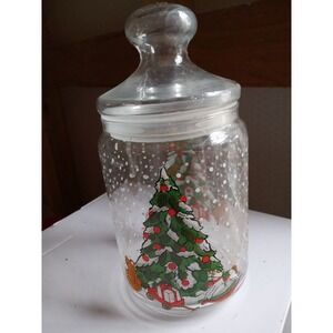 Vintage Christmas Tree & Toys Clear Glass Candy Treat Jar With Lid EUC‎